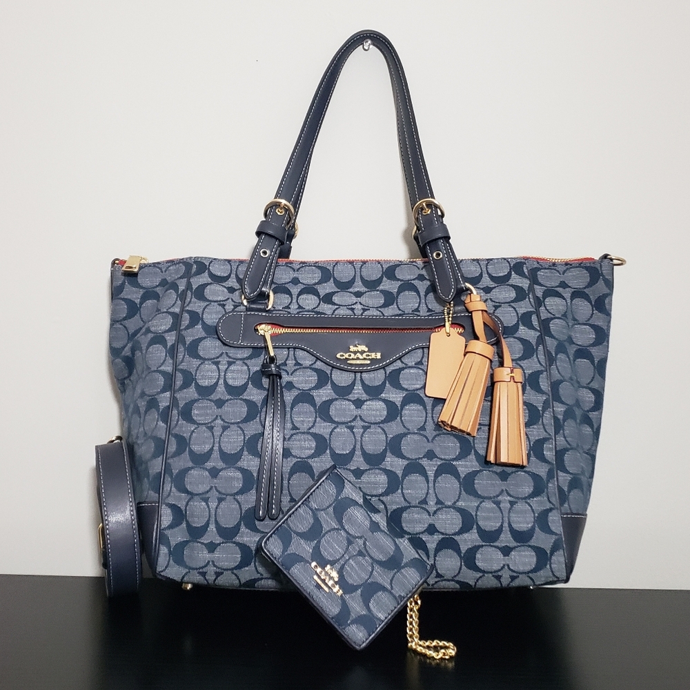 NWT! COACH DENIM SIGNATURE CHAMBRAY KLEO CARRYALL & MATCHING MINI WALLET SET